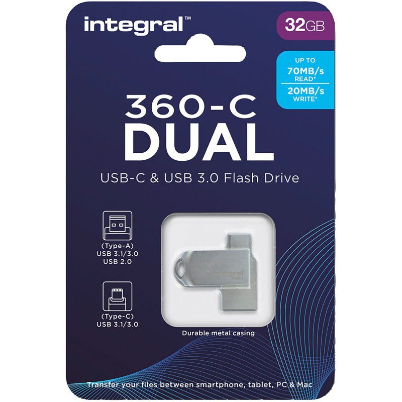 Integral clé USB Dual 360 C 32 Go Usb 3.0 (Usb-A), Usb 3.1 (Usb-C) Gris