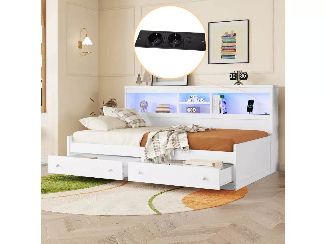 Lit banquette 90x200cm - avec prise USB & 2 tiroirs - sommier à lattes - Blanc