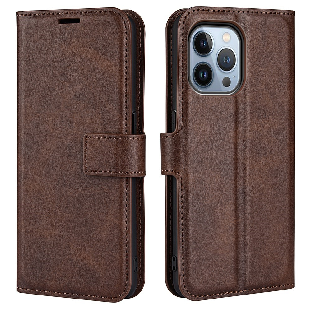 iPhone 14 Pro Vintage Leder Tasche Flip Cover Fashion Design - Braun