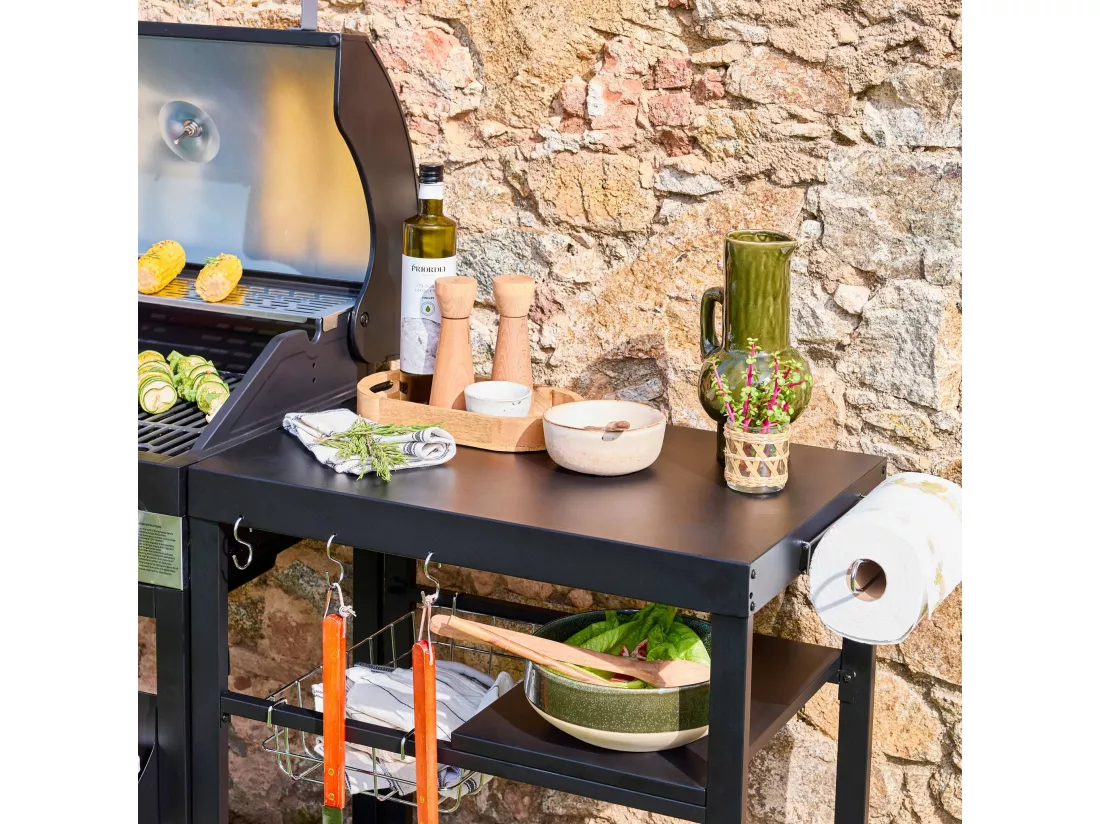 Barbecue 4 brûleurs. cuisine d'extérieure DANGLARS. Acier noir. L 223.5 x P 60.5 x H 142 cm