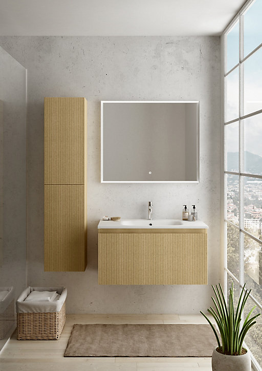 Meuble sous vasque à suspendre Pura placage noyer strié 90 cm + Plan vasque en résine blanc mat