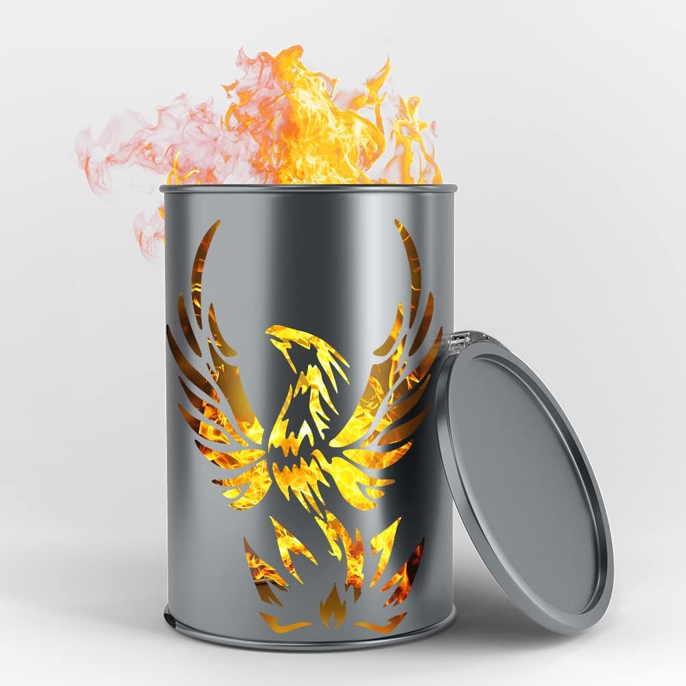 Feuertonne mit Phönix Motiv - Gefertigt aus neuem Ölfass - Besondere Feuerstelle für Garten und Terrasse - Hohe Feuerschale mit Rostoptik - 90 x 60 cm