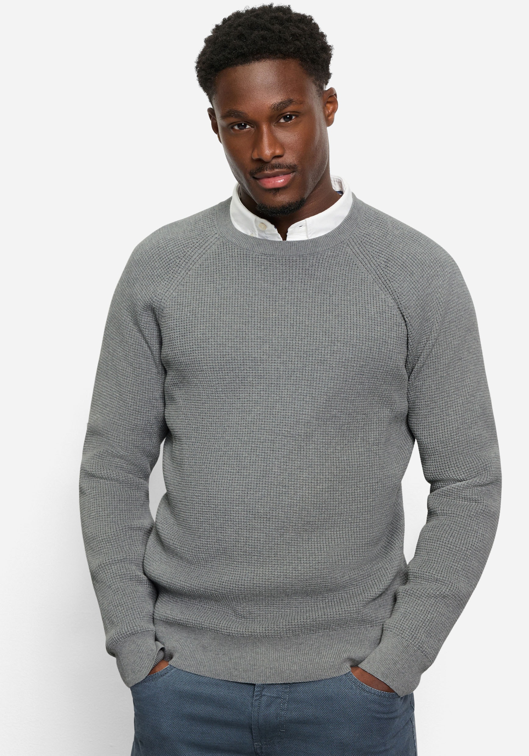OLYMP Rundhalspullover »Waffle Structure«, Rundhals, casual, unifarben, regular fit