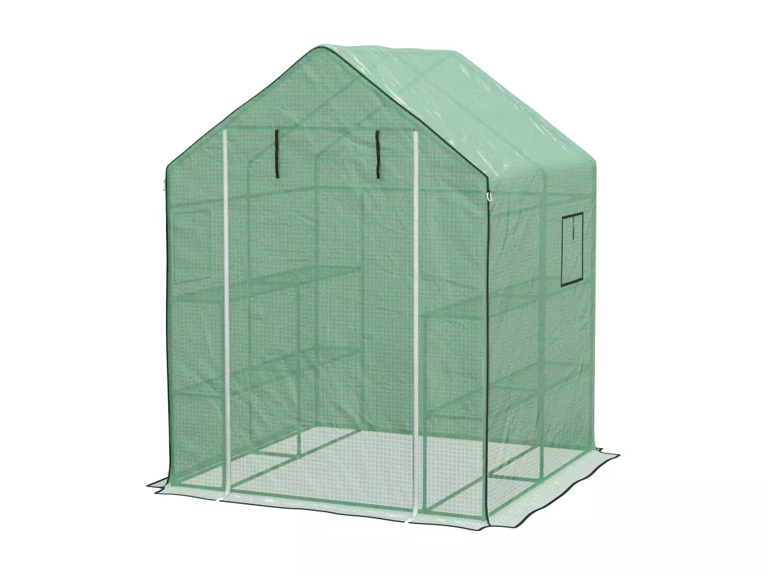 Serre de jardin 6 tablettes dim. 1,4L x 0,73l x 1,9H m porte déroulante fenêtres acier PE haute densité vert