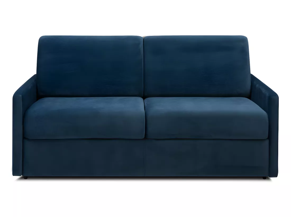 Canapé 3 places convertible express en velours bleu nuit - Couchage à lattes larges 140 cm - Matelas 18 cm CALIFE