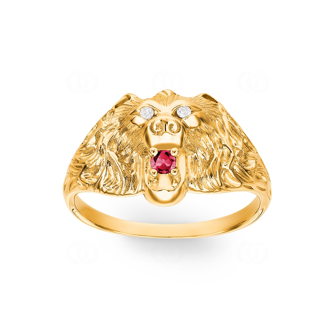 Herrenring 750/18 K Gelbgold Löwe mit Rubin und Diamanten 0.03 ct H/si
