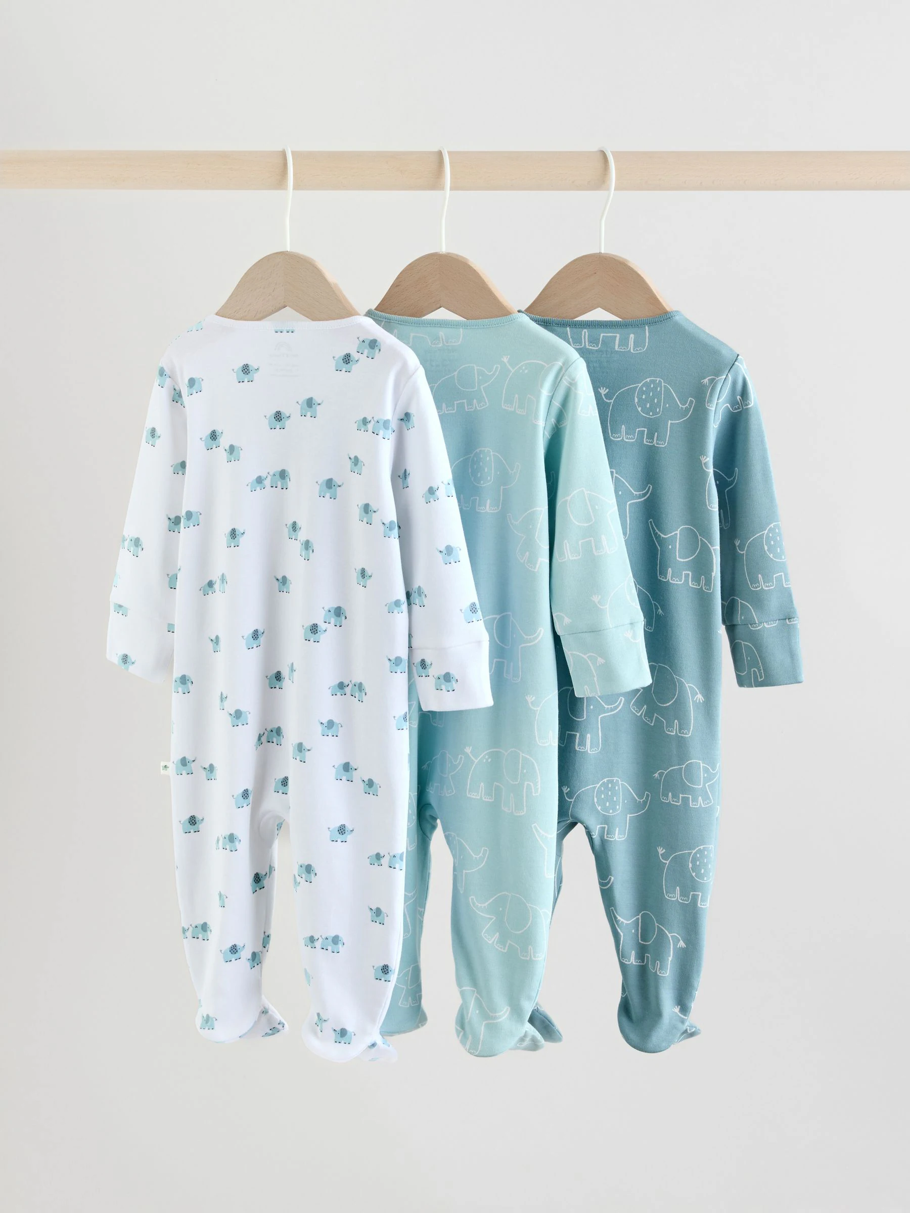 Blauw - Baby Linear Elephant Sleepsuits 3 Pack (0-2yrs)
