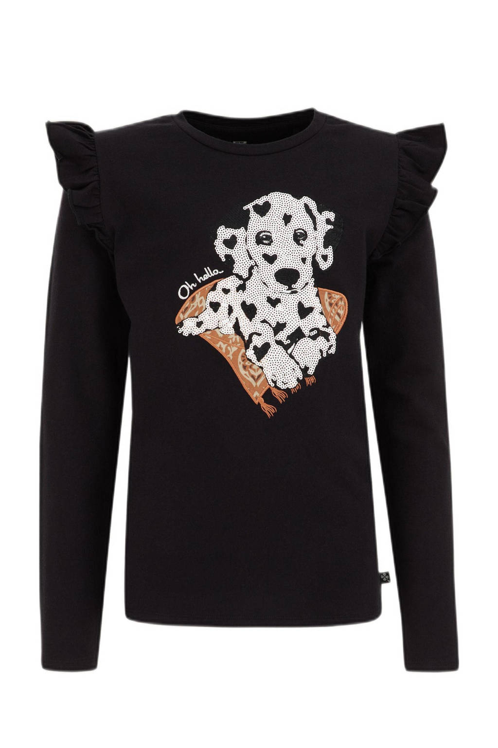 WE Fashion longsleeve met printopdruk en ruches zwart