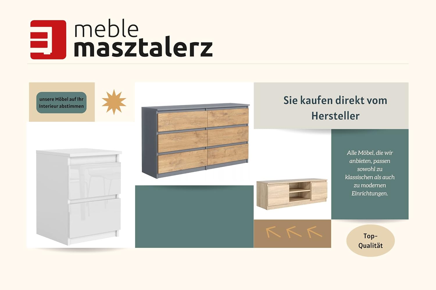 meble masztalerz Kommode Weiss Matt mit 5 Schubladen 70 cm, Sideboard Wohnzimmer, Kommode Schlafzimmer H: 124,5 cm, B: 70 cm, T: 39 cm Kommode mit Schubladen, Schubladenschrank
