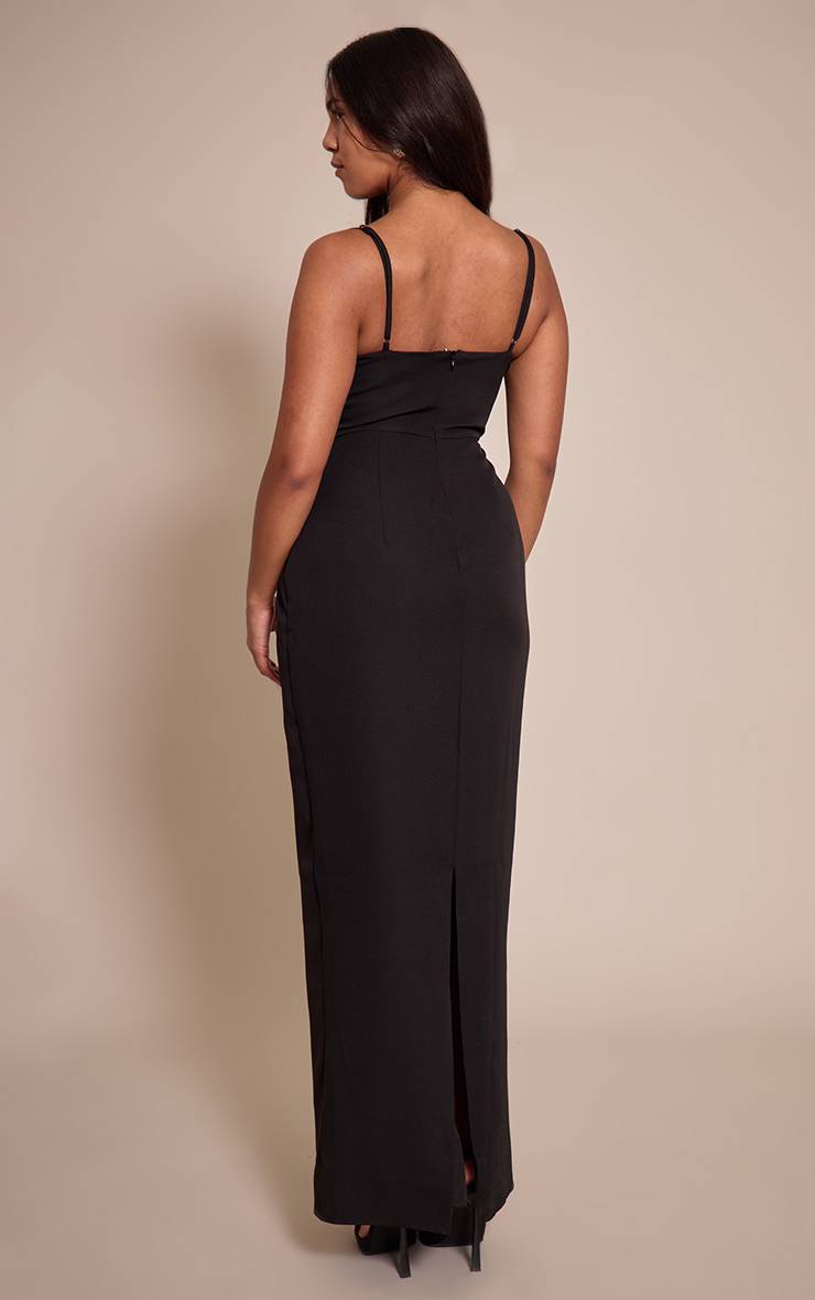 Noir Robe Maxi Moulante À Décolleté Plongeant Avec Bordure Ondulée