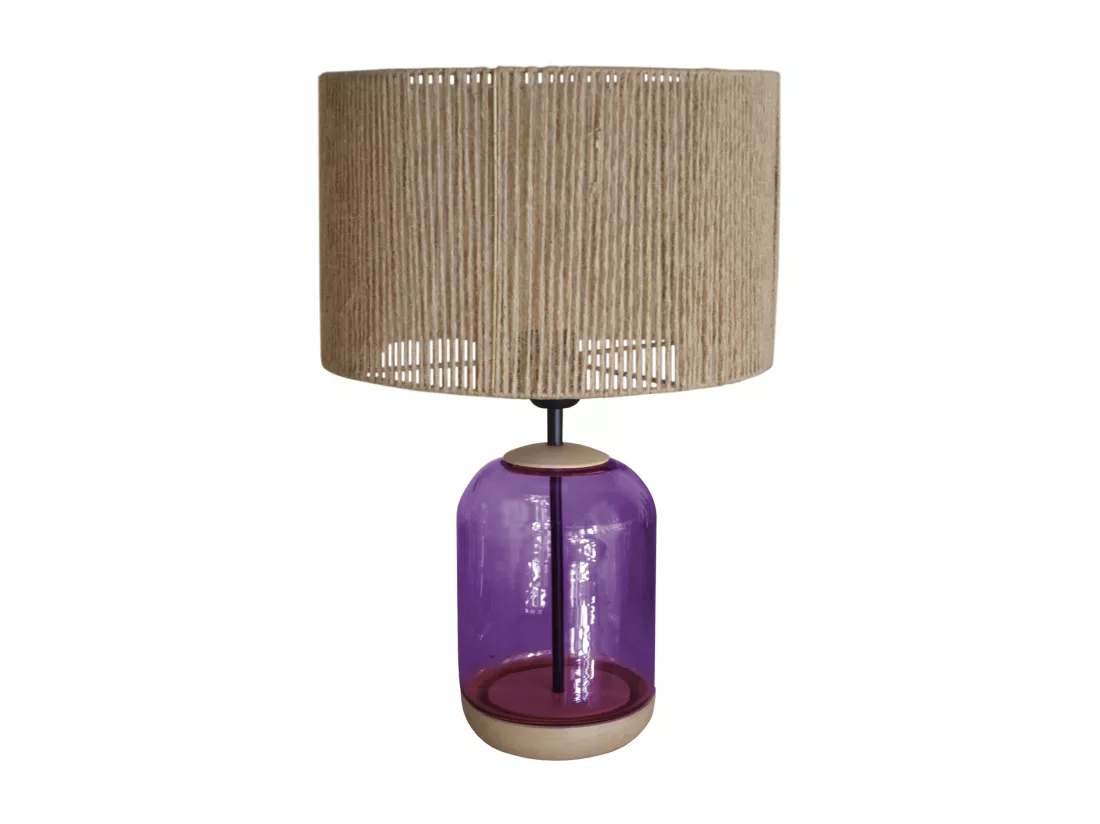 Lampe de chevet cylindre bois,verre,violet,fillage jute 53 cm.