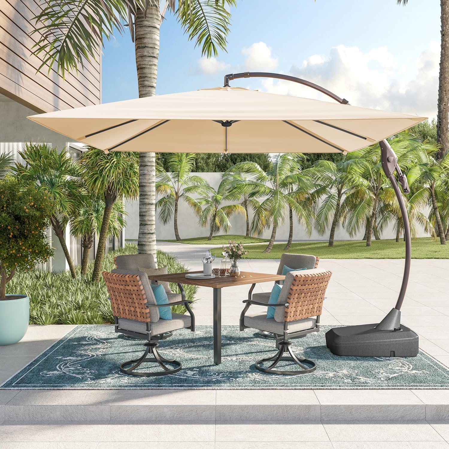 Grand patio Sonnenschirm Quadrat 300cm mit Schirmständer, Gartenschirm mit Volant, Neigungswinkelverstellung, UV-Schutz UPF 50+, Marktschirm mit Kurbel, für Garten, Balkon, Terrass (Beige)