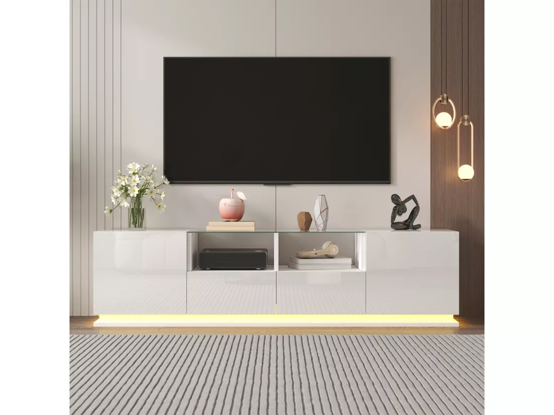 Meuble TV brillant 165x38x43cm, avec étagères en verre, 2 tiroirs et deux portes, LED, BLANC