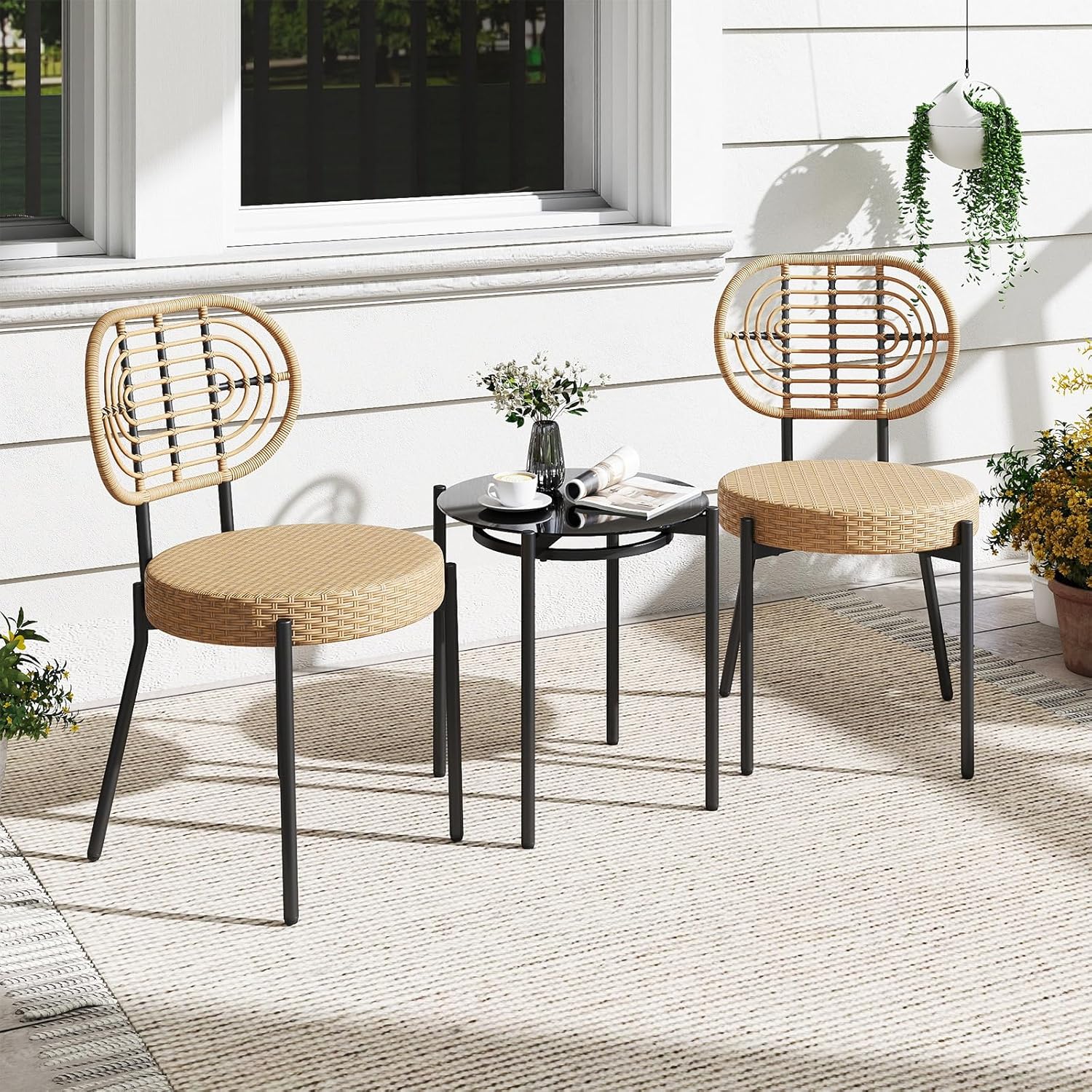 COSTWAY Rattan Gartenmöbel Set, Balkonmöbel Kleiner Balkon, 3-TLG. Balkonset mit 2 Stühle und 1 Tisch, Terrassenmöbel, Gartengarnitur für 2 Personen, Sitzgruppe für Garten, Terrasse