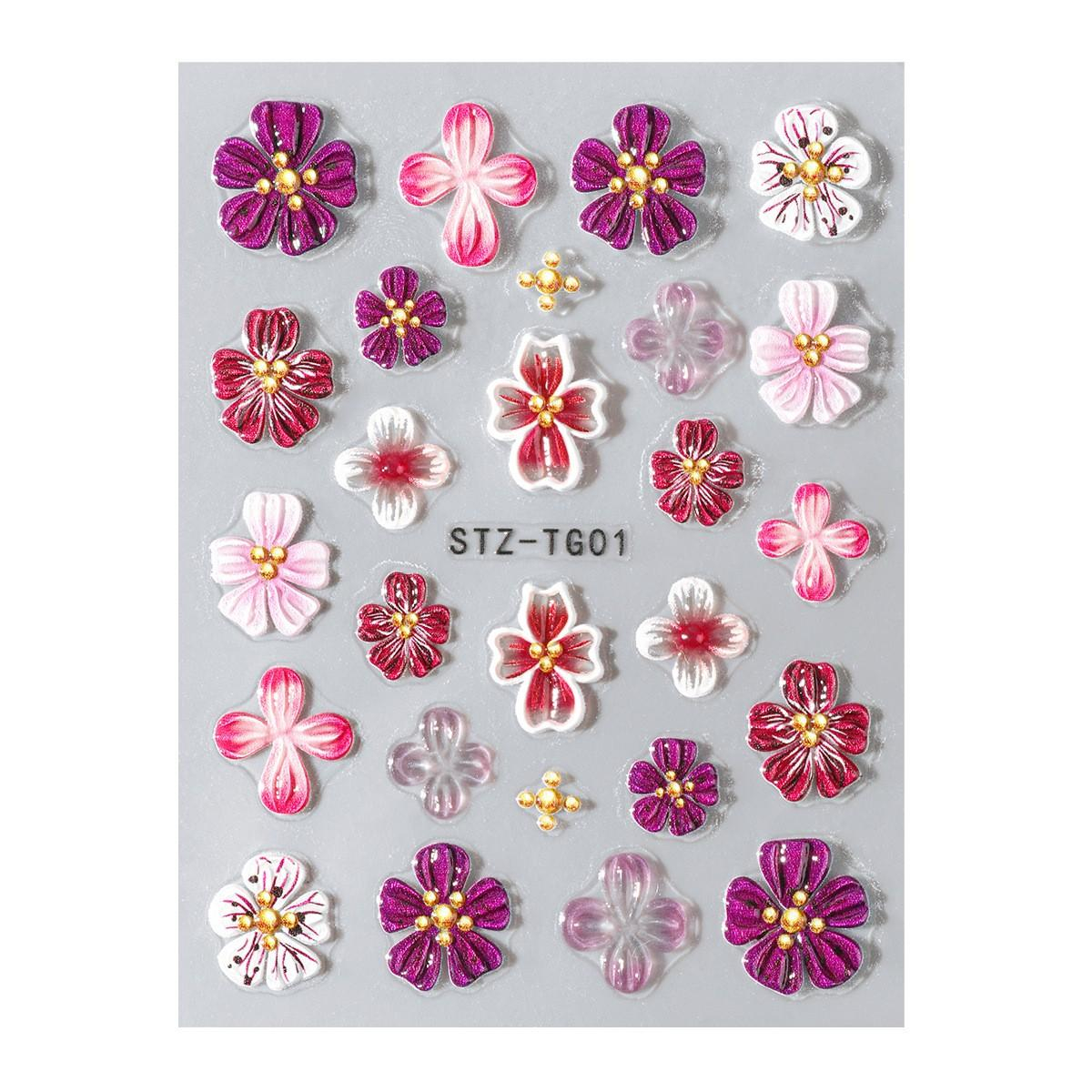 (26-tlg. Set) 5D Nagel Sticker Nail Art Tattoo Selbstklebende Aufkleber Blumen - Lila / Rosa