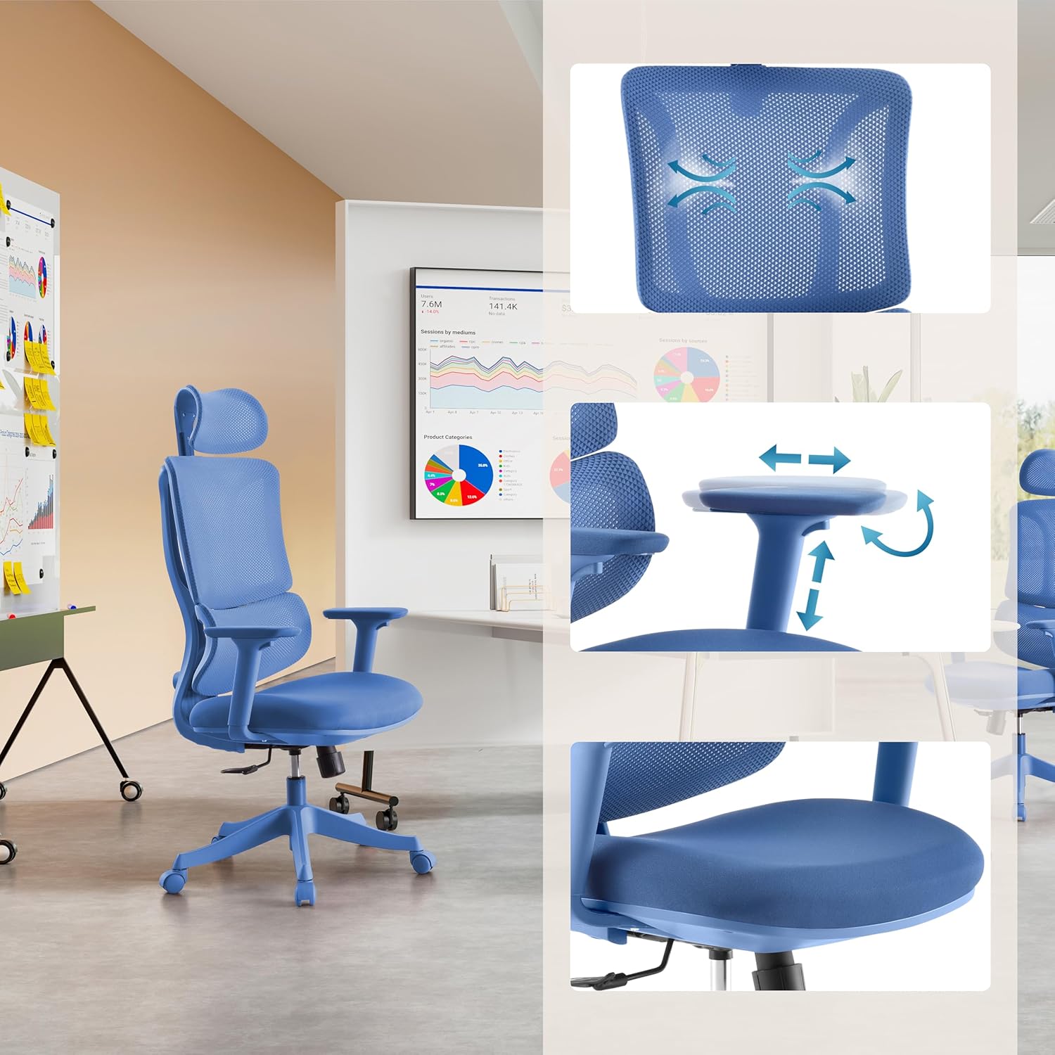 Bürostuhl Ergomy Colore – ergonomischer Schreibtischstuhl, atmungsaktiver Rückenlehne, Verstellbarer Lordosenstütze, 3D Armlehnen & Kopfstütze, Blau