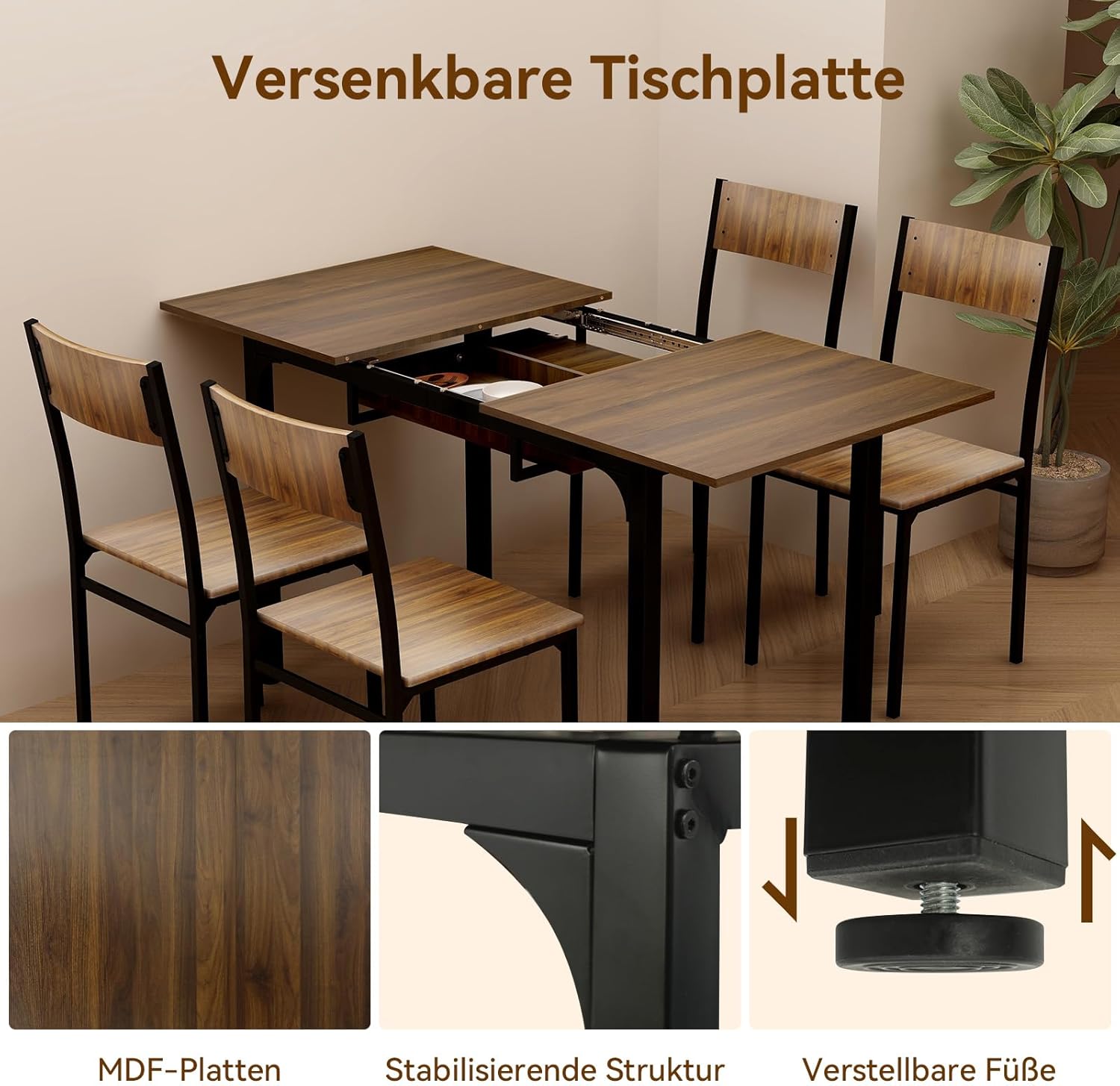 ARTETHYS Esstisch Ausziehbar 110/149x70 cm, Moderner Küchentische Esszimmertisch, Rechteckiger Tischplatte für 4-6 Personen, Holztisch mit Metallbeinen, Tisch für Esszimmer, Küche, Wohnzimmer