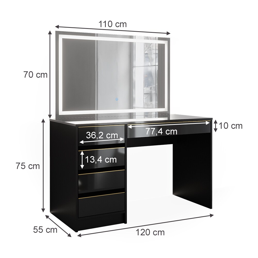 Vicco Schminktisch Sherry Schwarz Hochglanz Gold 120 x 75 cm 5 Schubladen LED-Spiegel