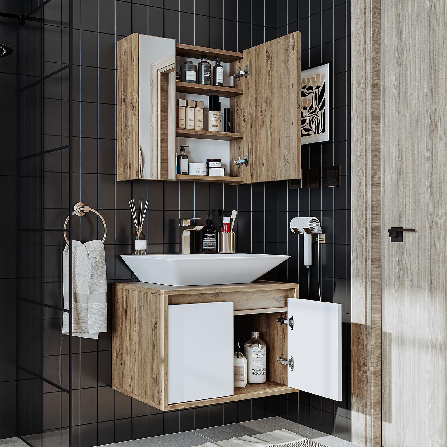 • Badmöbel Set • Atlantic • 3-teilig • Keramik Waschbecken mit Unterschrank 65 cm, Spiegelschrank 60 cm (Weiß - Eiche, 65 cm)