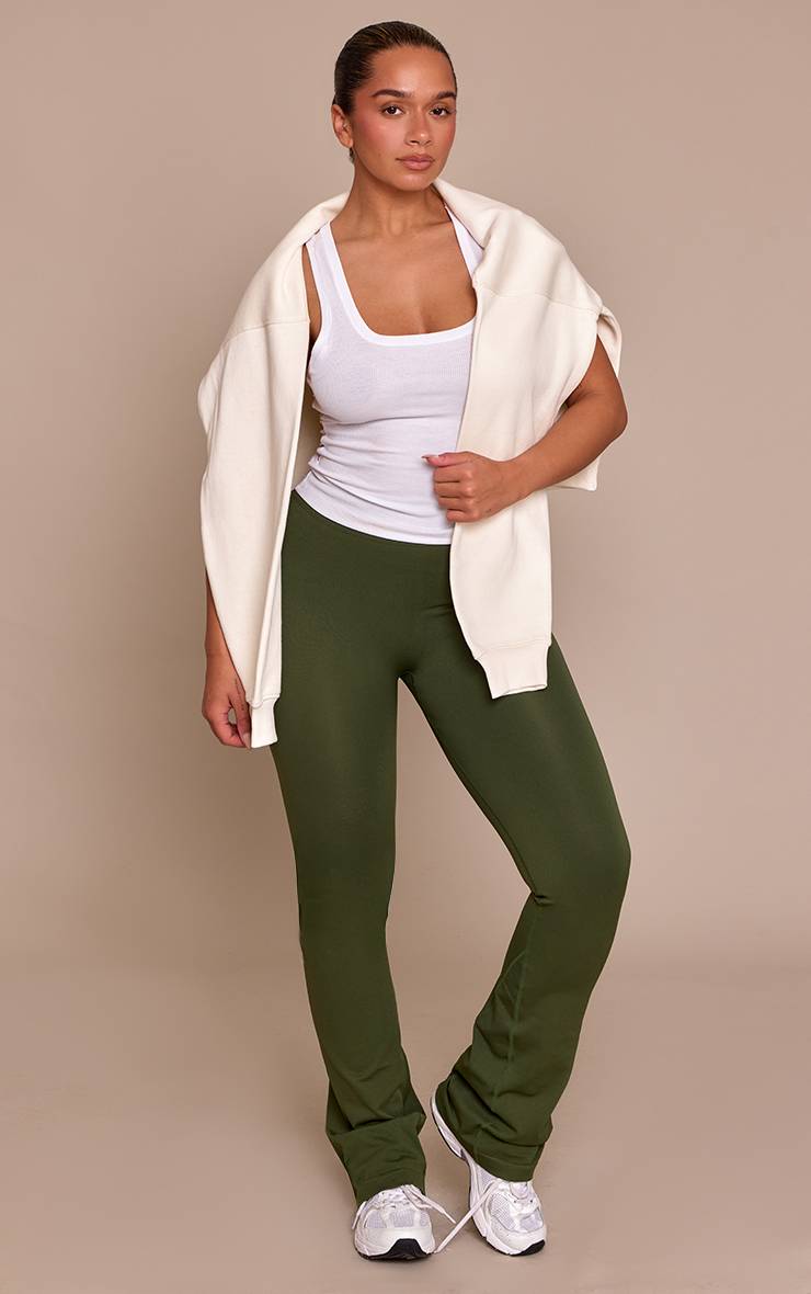 Forest Green Pantalon Évasé Taille Haute Actif Sans Couture À Détails Froncés Sculptant