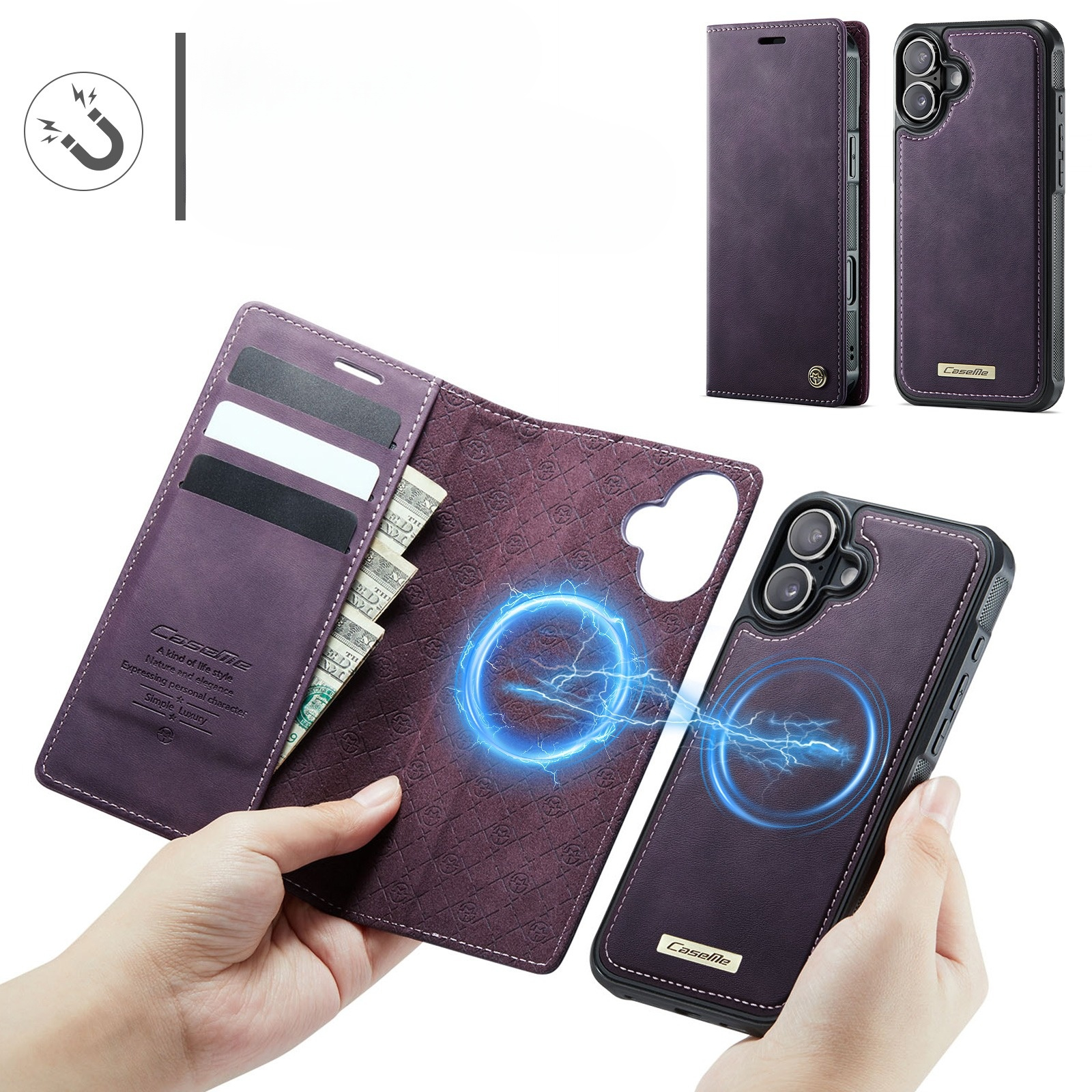 iPhone 16 2in1 MagSafe Leder Tasche   Magnet Hardcase Karten Etui (RFID Schutz) - Lila
