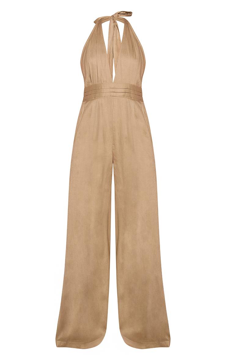 Kaki Combinaison-pantalon Aspect Lin Col Licou Avec Dos À Nouer