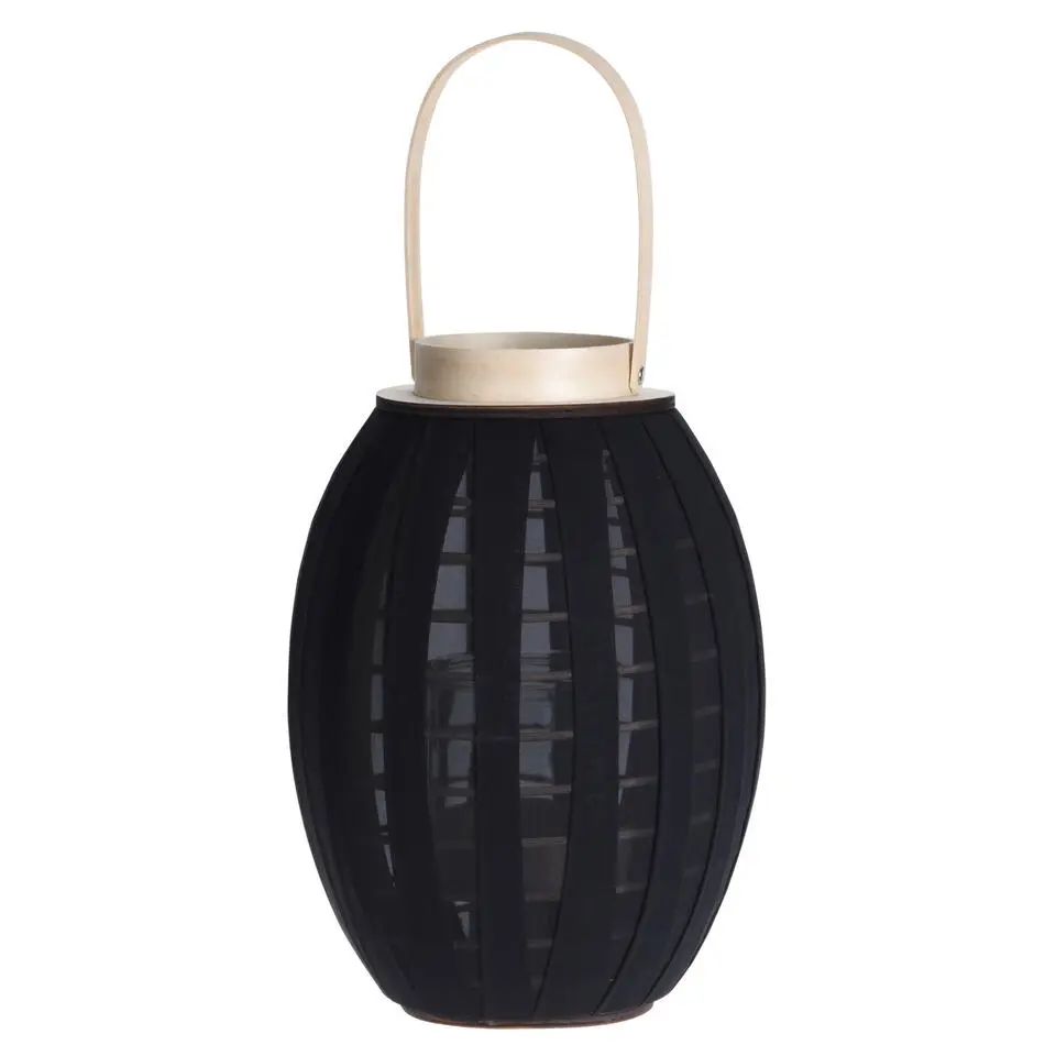 H&S Collection Lantaarn - hout met stof - zwart - 34 cm