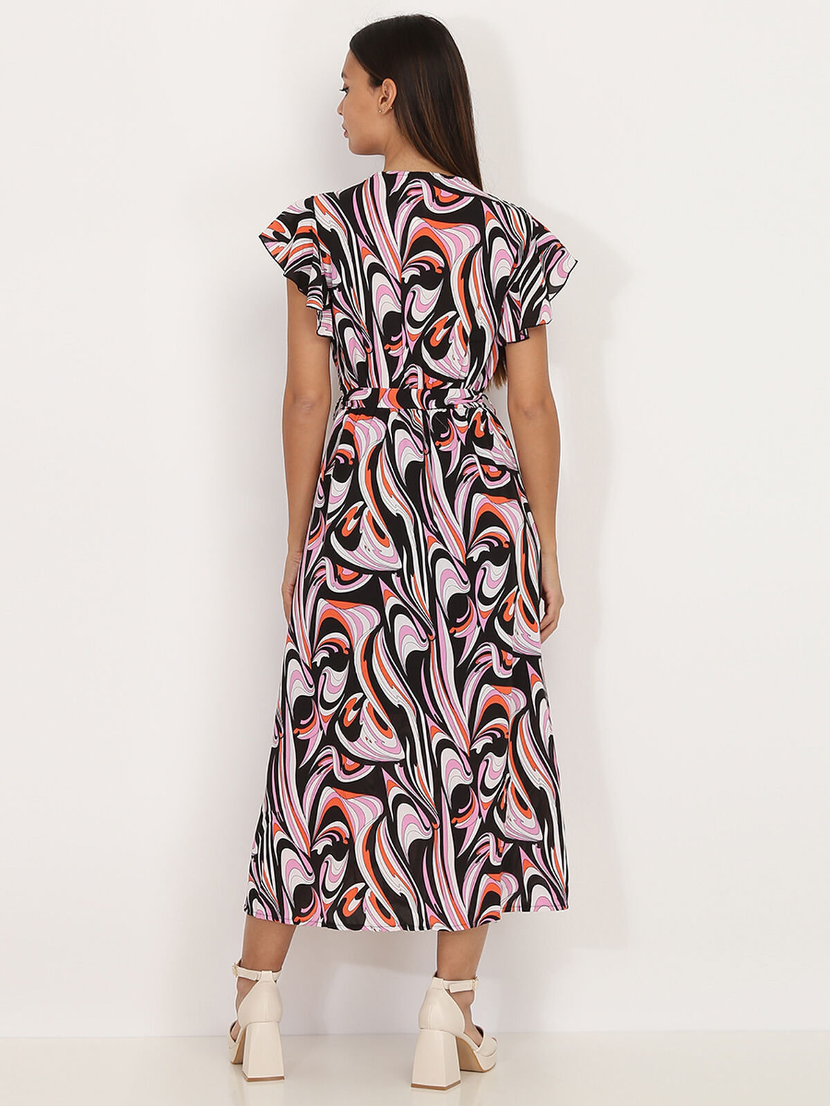 Robe fendue à motif arabesques- Noir