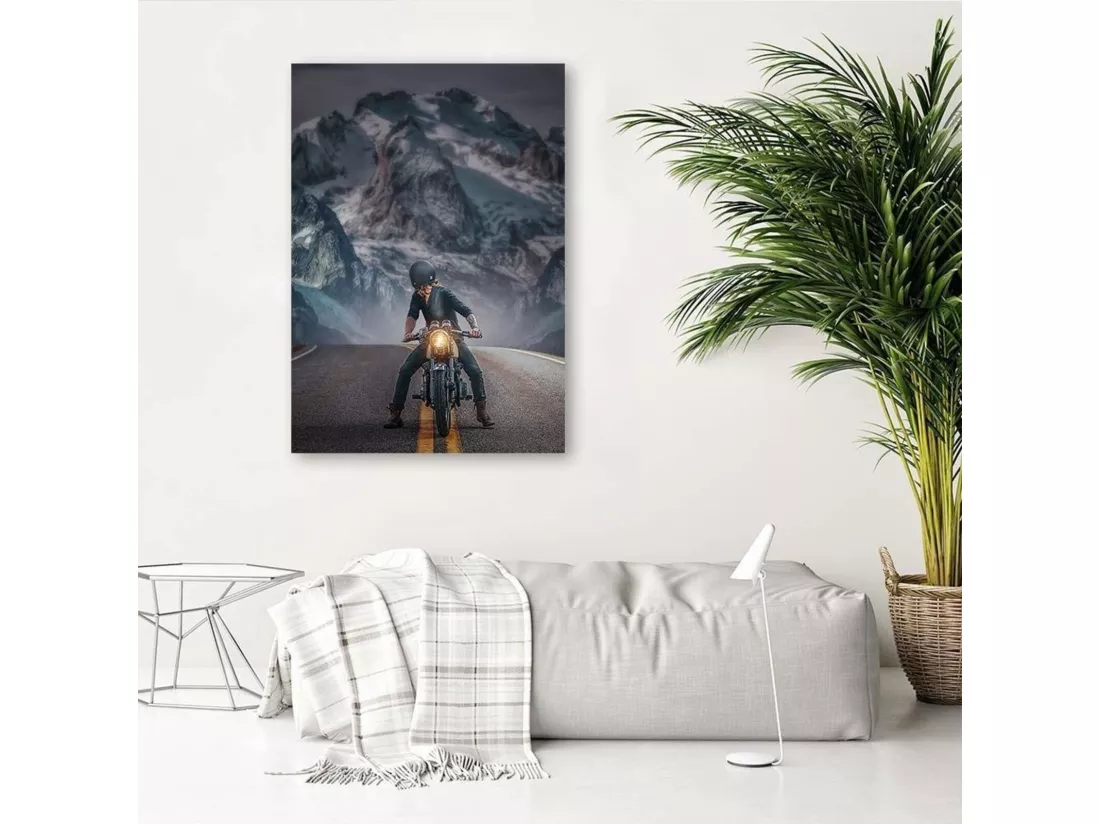 Tableau motocycliste bois sur route - 40 x 60 cm