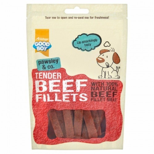 Petiscos de filé de carne macia para cães, sabor natural.