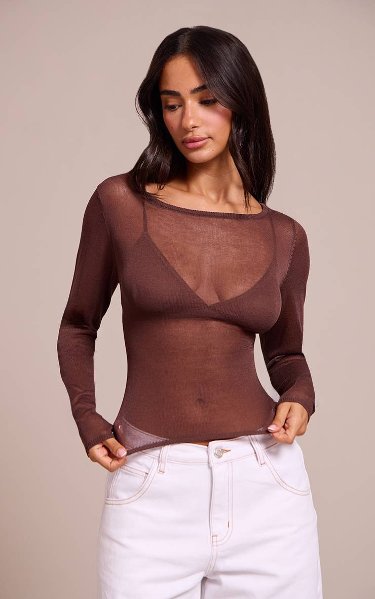 Chocolat Top Petite En Maille Transparente À Manches Longues