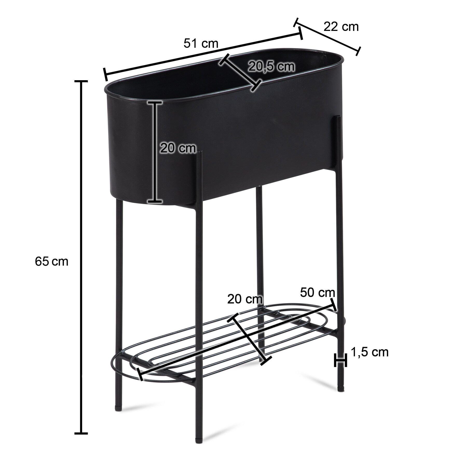 KADIMA DESIGN Pflanzkübel Schwarz mit Gestell und Ablage, Pflanzgefäß Metall, 51x65x22 cm
