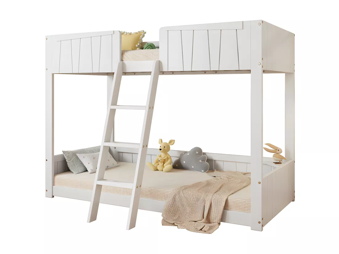 Lit superposé 90x200cm avec échelle et une étagère - en bois de pin et MDF - Blanc
