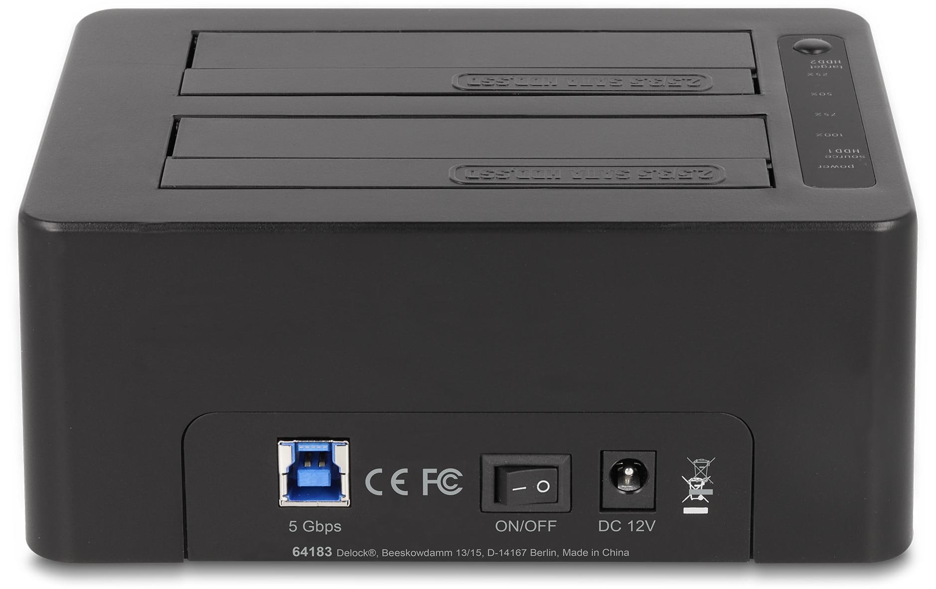 Docking- und Klonstation USB-C – 2 x SATA HDD/SSDUSB-Dockingstation für 2 x SATA HDD/SSD mit Klon Funktion und Card Reader