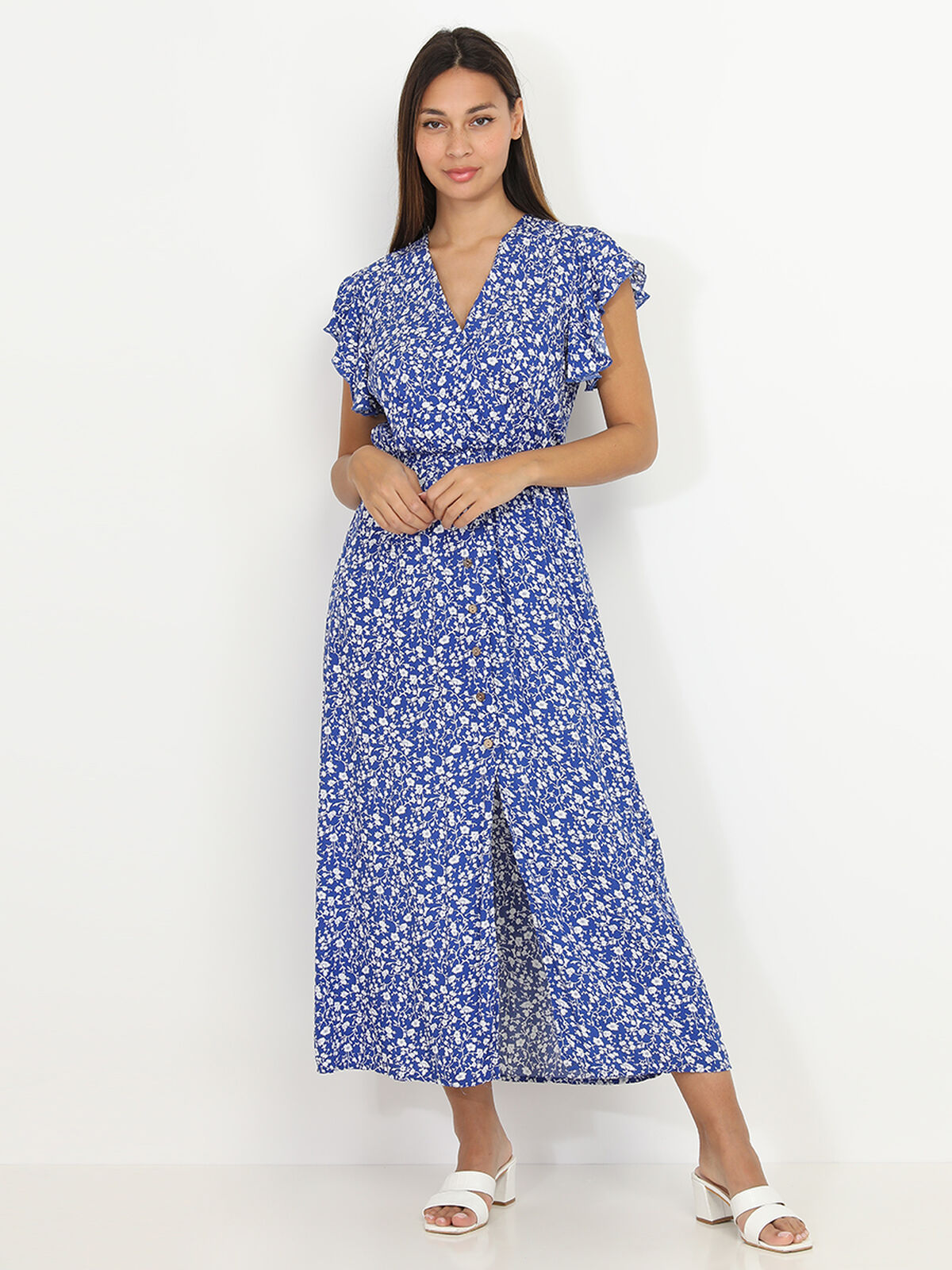 Robe longue fendue bleue à fleurs et volants Bleu- Bleu