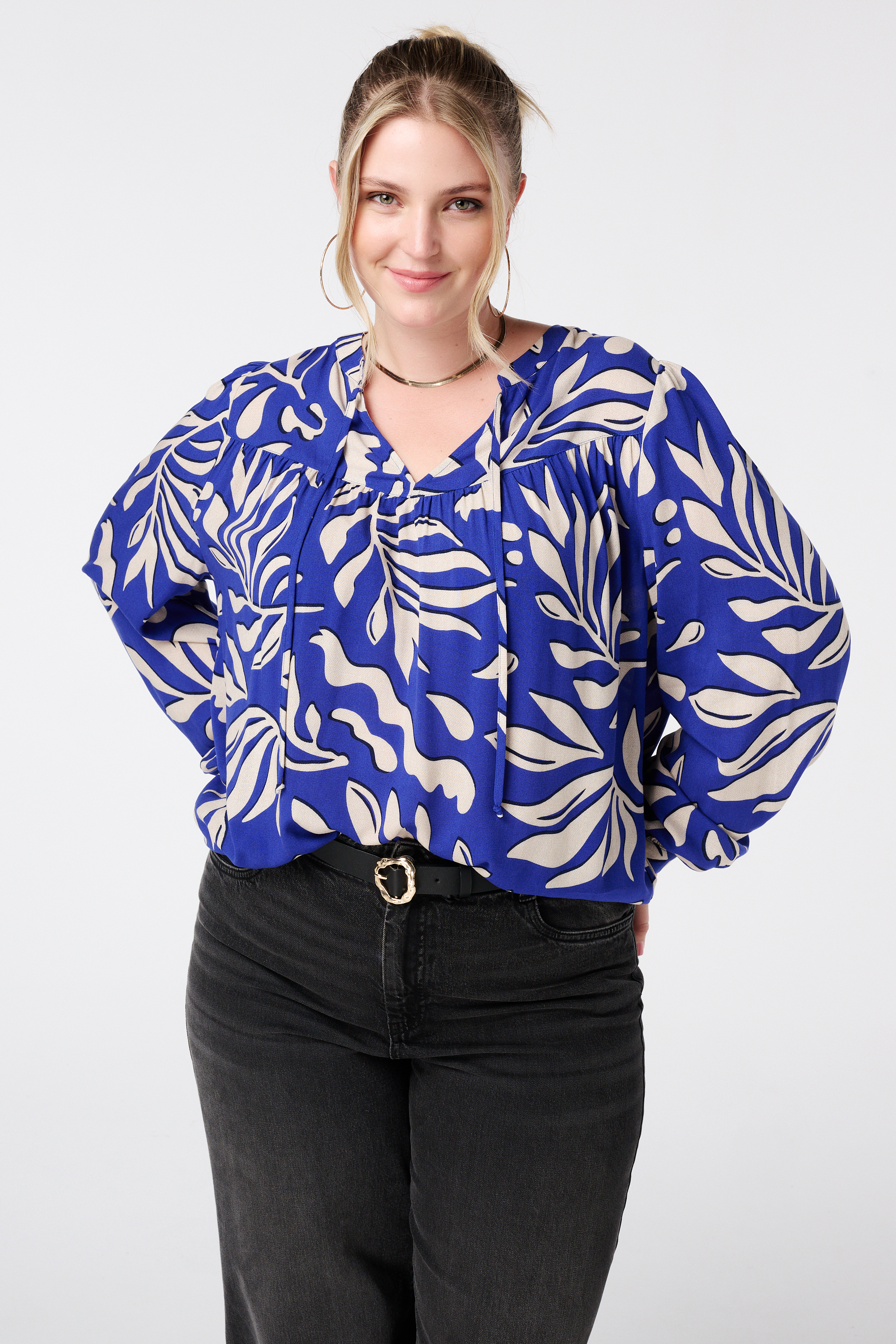 Blouse met print en klosjes Multi Kobalt blauw