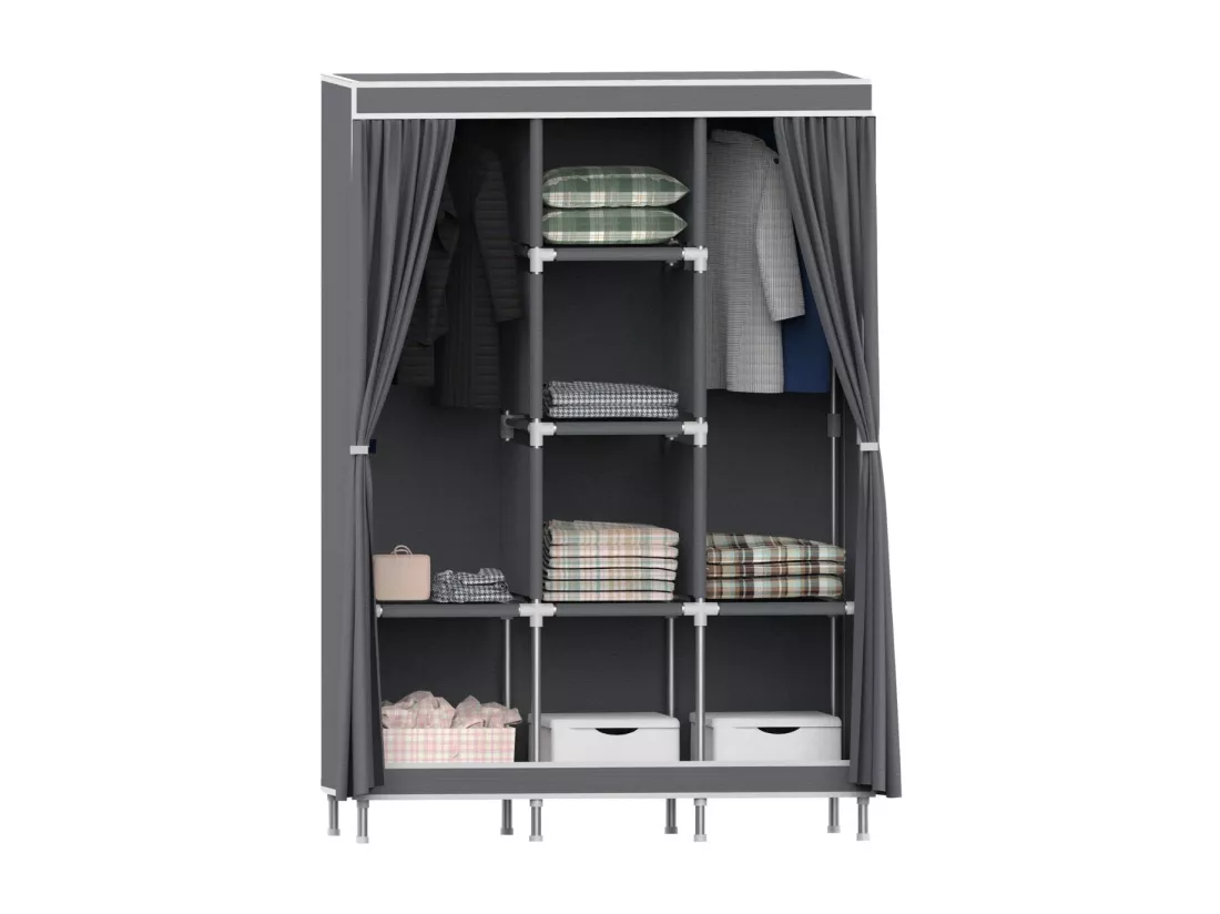 Armoire triple en tissu avec rideaux coulissants blanc/gris 118x45x169cm O91