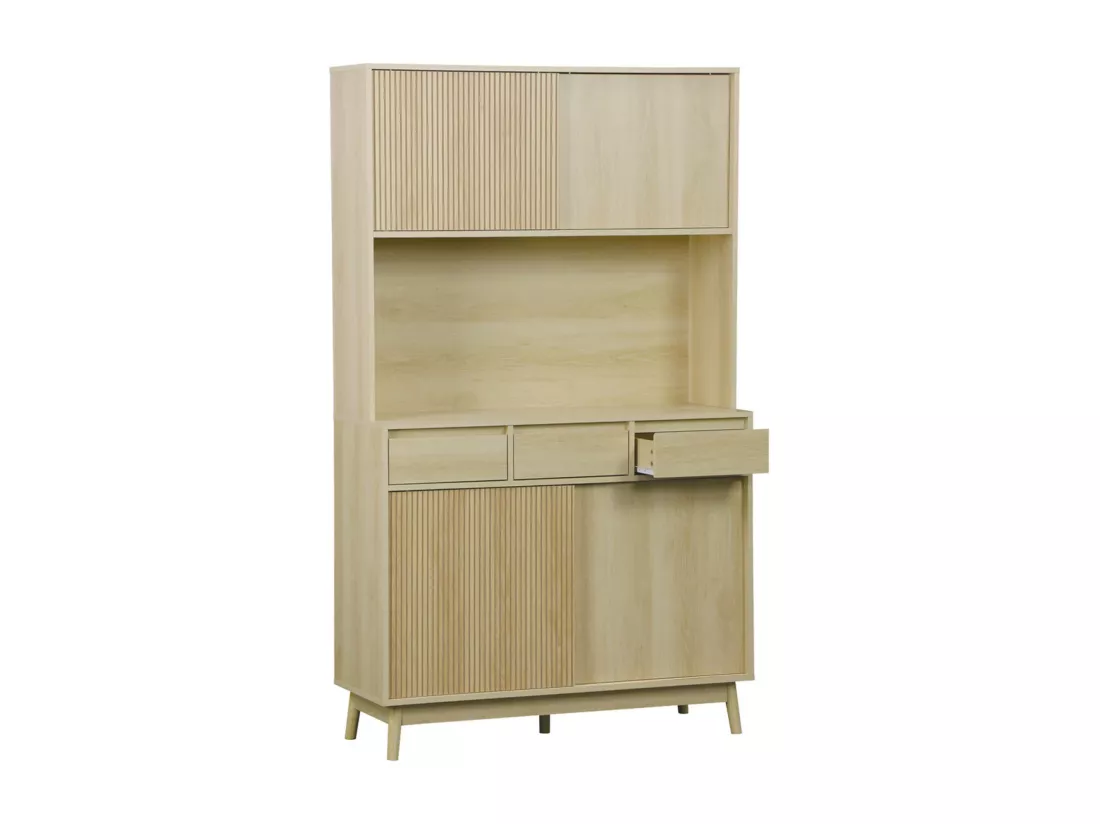 Buffet de cuisine LINEAR décor bois 4 portes 3 tiroirs 110 cm. Naturel. pieds en bois de pain revêtement papier