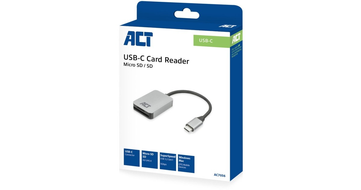 ACT ConnectivityUSB-C kaartlezer voor SD en micro SD, SD 4.0 UHS-II  (Aluminium)