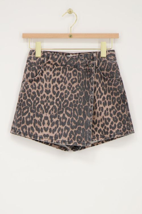 Denim panterprint skort met overslag