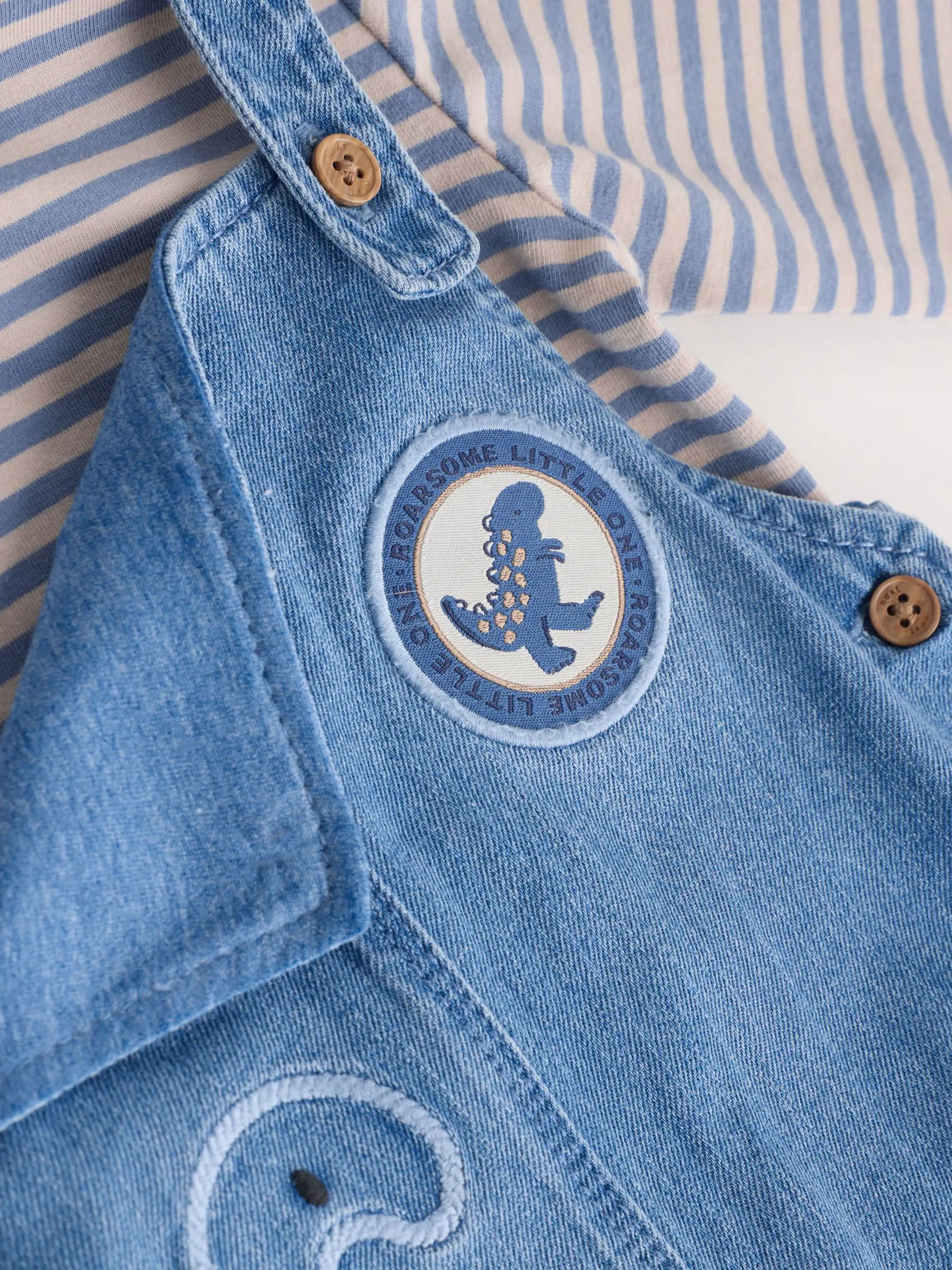 Blauw met dinosaurus - Babyset van denim bretelbroeken en bodysuit (0 mnd - 2 jr)