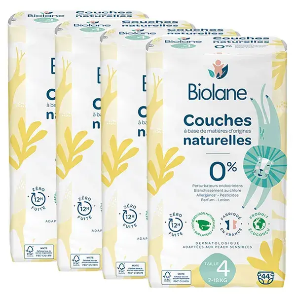 Biolane - Fraldas Naturais Tamanho 4 - Ultra-absorventes, à prova de vazamentos - Pacote com 4 x 44 unidades