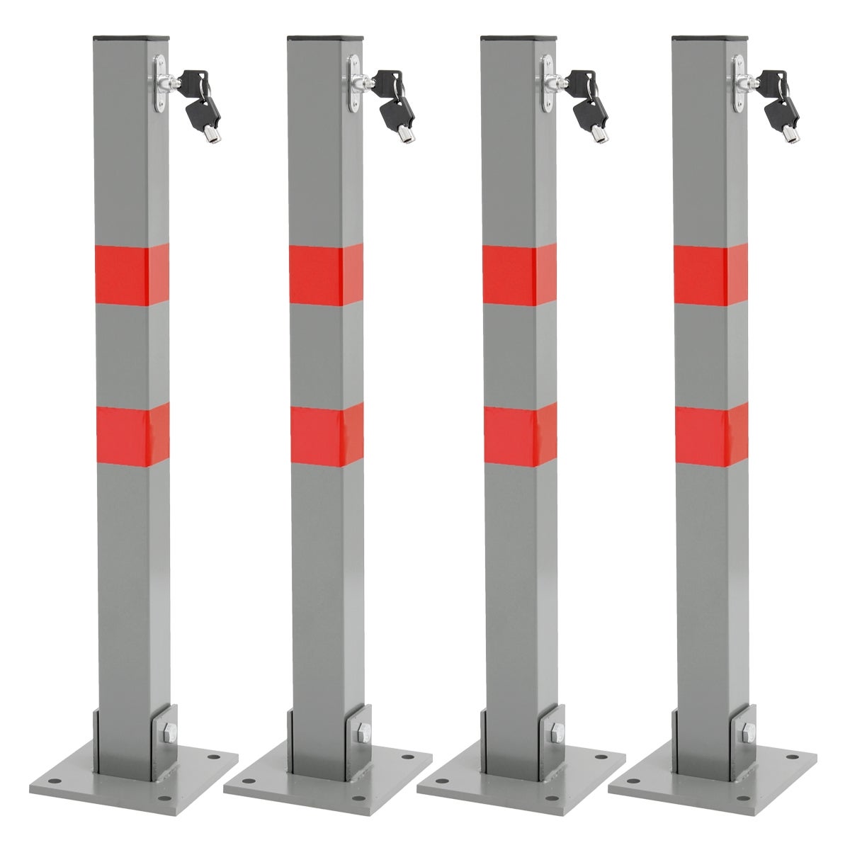 ECD Germany 4x Opvouwbare parkeerbarrière, Vierkant, 70 cm, Stalen parkeerpaal met rode waarschuwingsstrepen, Slot en 3 sleutels, Paal, Parkeerbarrière, Parkeerpaal, Paal, Voet