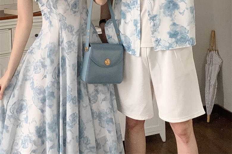 Azure - Bijpassende mouwloze A-lijn zomerjurk met bloemenprint / Hawaiiaans overhemd met korte mouwen