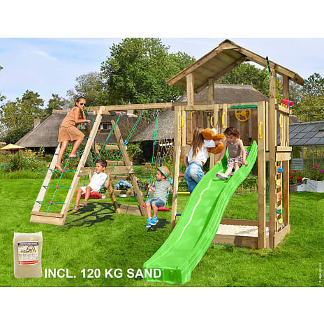Jungle Gym Chalet 2.1 legetårn komplet inkl. klatremodul og 120 kg sand + grøn rutsjebane