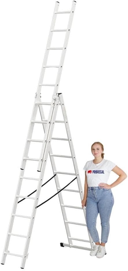 PROREGAL Economy Basic 3-delige multifunctionele ladder met dwarsbalk, 3 x 9 sporten, werkhoogte 5,47 m, draagvermogen 150 kg