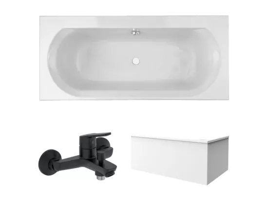 Pack baignoire droite 170 x 75 JACOB DELAFON Elise + tablier en angle + mitigeur bain douche mural Aimé noir + vidage