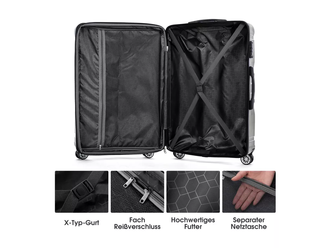 Bagage à main à coque rigide, valise avec serrure TSA et roue universelle, extensible, poignée latérale, ensemble 3 pièces