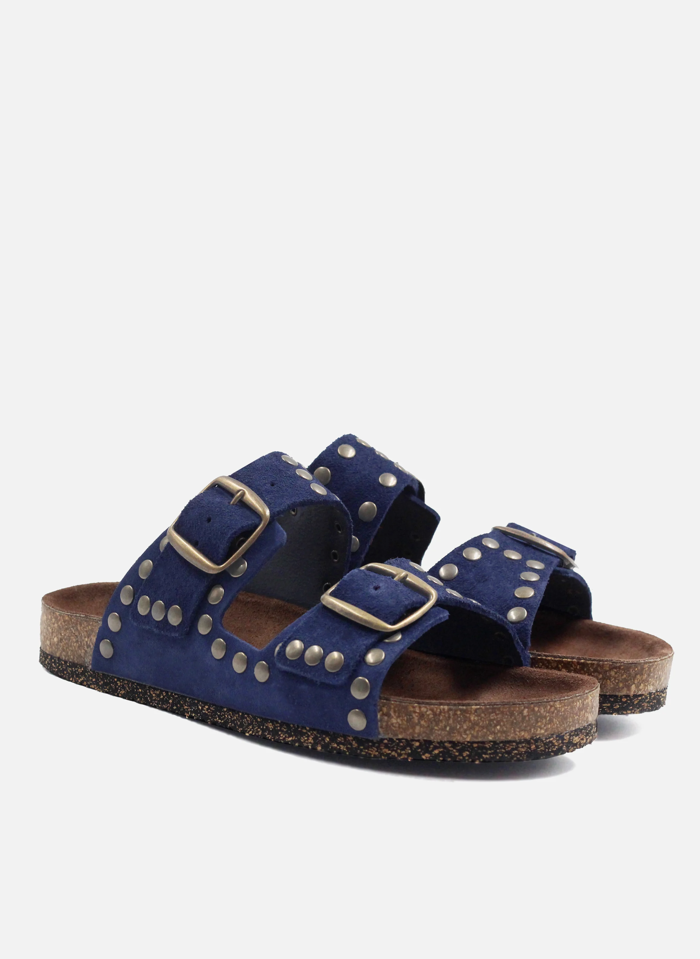 Mules liège cloutées cuir daim | Bleu