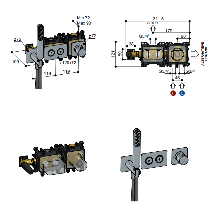 Hotbath Gal PB7071 afbouwdeel thermostaat met 2 pushbuttons messing geborsteld PVD